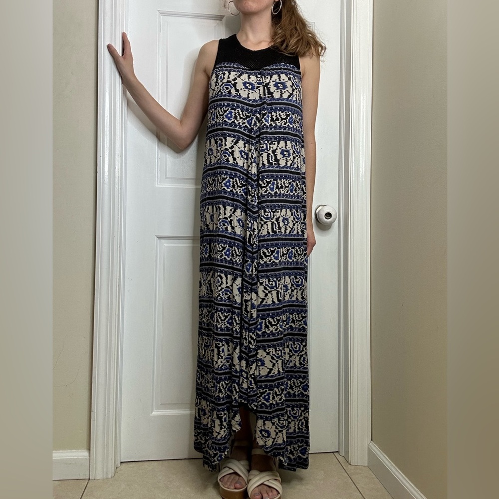 Lucky Brand Boho Pattern Sharkbite Hem Sleeveless Maxi Dress in Ivory/Black XS